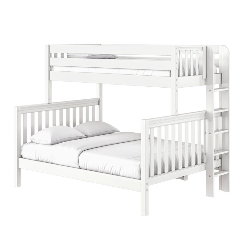 White wooden twin-over-full bunk bed with ladder and slatted rails, modern loft-style space-saving kids bed with mattress and pillows