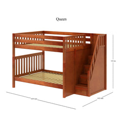 Queen-size wooden loft bed with stairs and measurements for bedrooms.