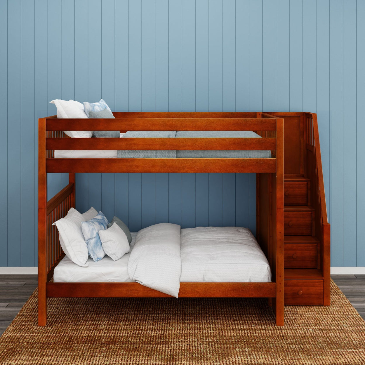 Wooden bunk bed with a ladder and white bedding against a blue paneled wall in a modern bedroom.