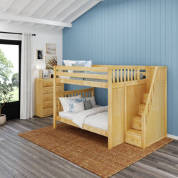 Wooden bunk bed with storage stairs in a modern bedroom featuring a blue accent wall and natural light.