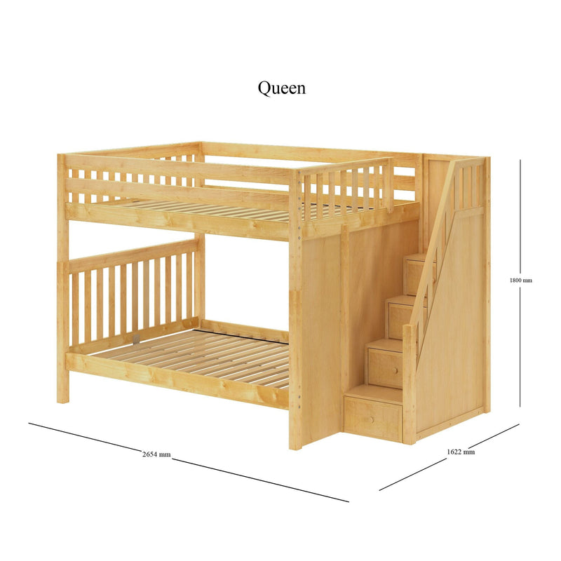 Queen-size wooden bunk bed with built-in staircase and storage drawers, natural wood finish, slatted mattress bases and guardrails — dimensions 2654×1622×1800 mm