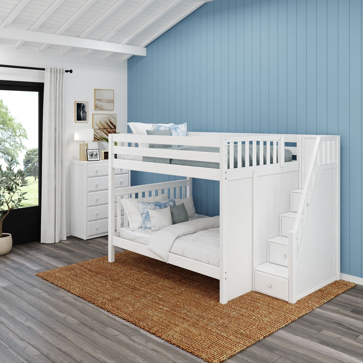 White wooden bunk bed with stairs in a cozy blue-walled bedroom.