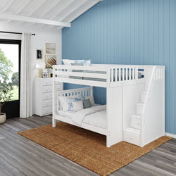 White wooden bunk bed with stairs in a cozy blue-walled bedroom.