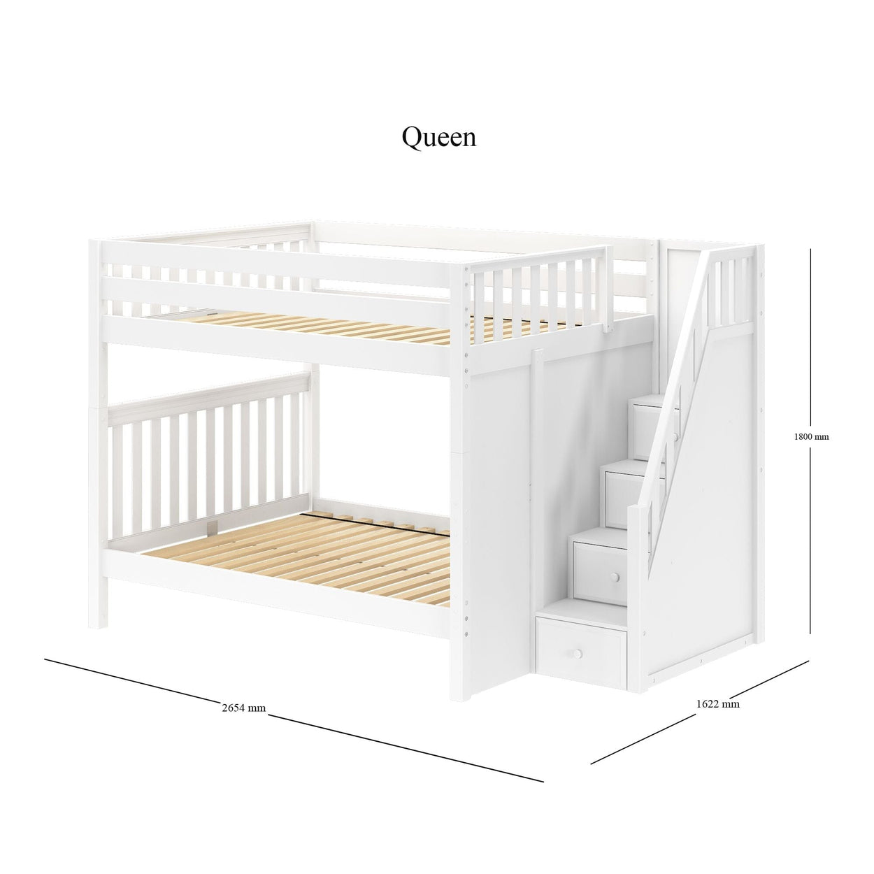 White queen-size loft bed with stairs and storage, dimensions 2654 mm by 1622 mm by 1800 mm.