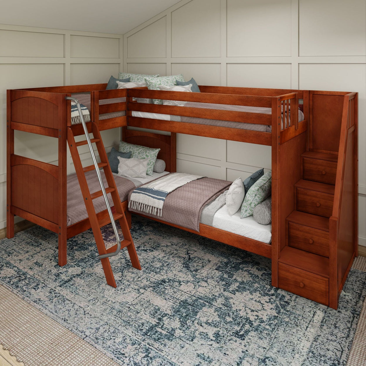 Wooden L-shaped bunk bed with stair drawers and a ladder in a modern bedroom setting.
