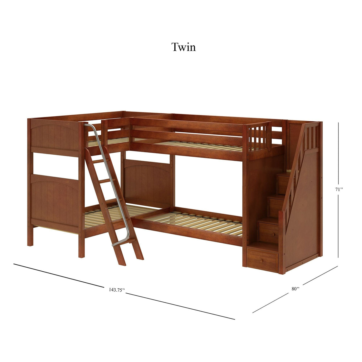 Twin-size wooden bunk bed with ladder and stairs, featuring dimensions of 143.75 inches long, 80 inches wide, and 71 inches high.