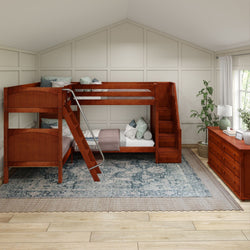 Wooden bunk bed with stairs and blue rug in a modern white bedroom setup.
