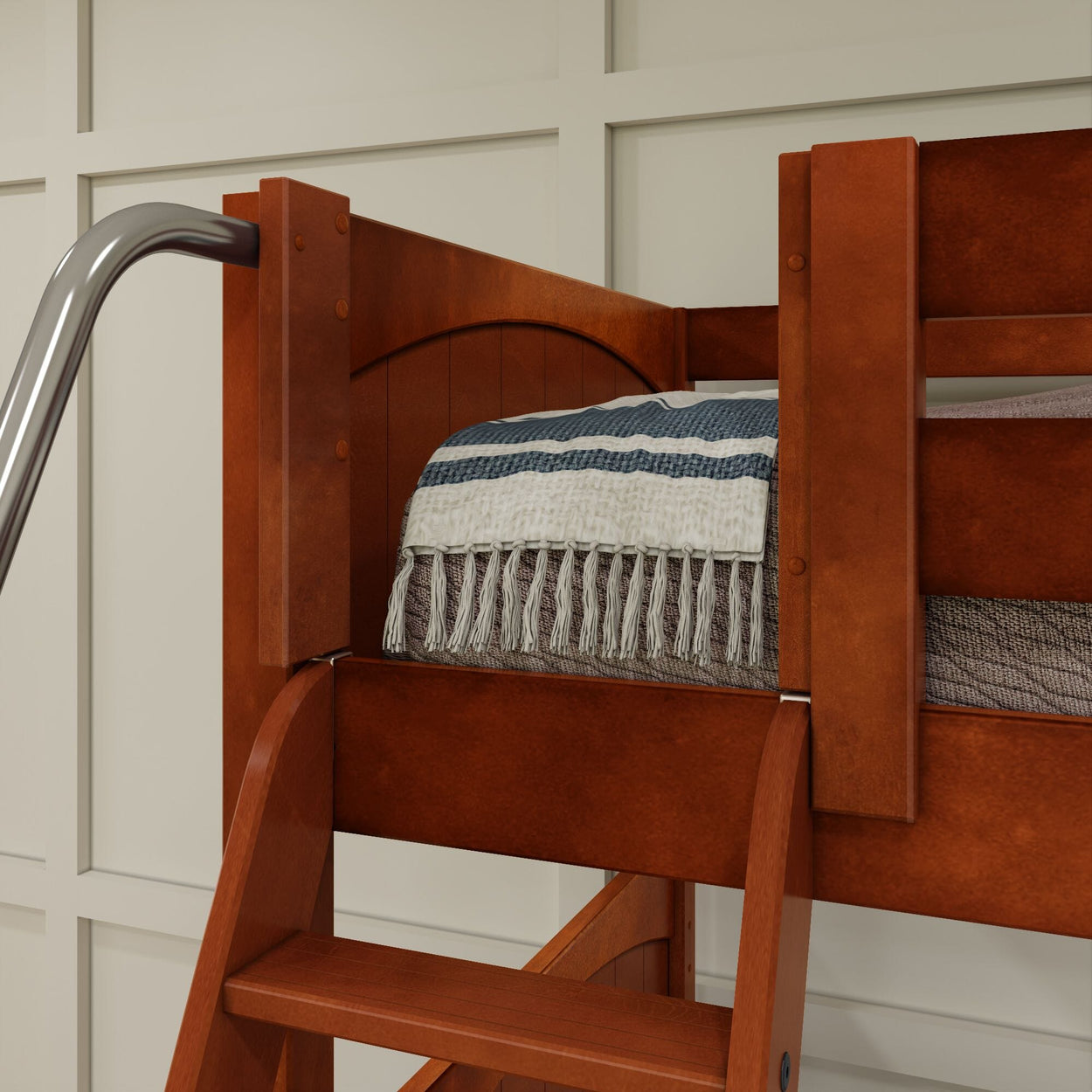 Wooden bunk bed with ladder and striped blue and white throw blanket against a paneled wall.