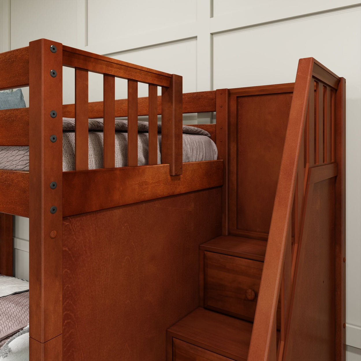 Wooden brown bunk bed with ladder and built-in storage drawers.