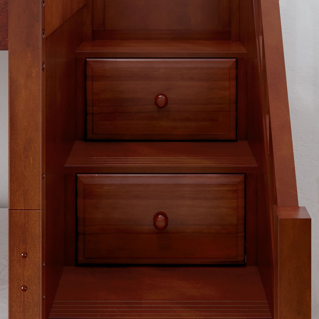Wooden staircase with built-in storage drawers for space-saving solutions.