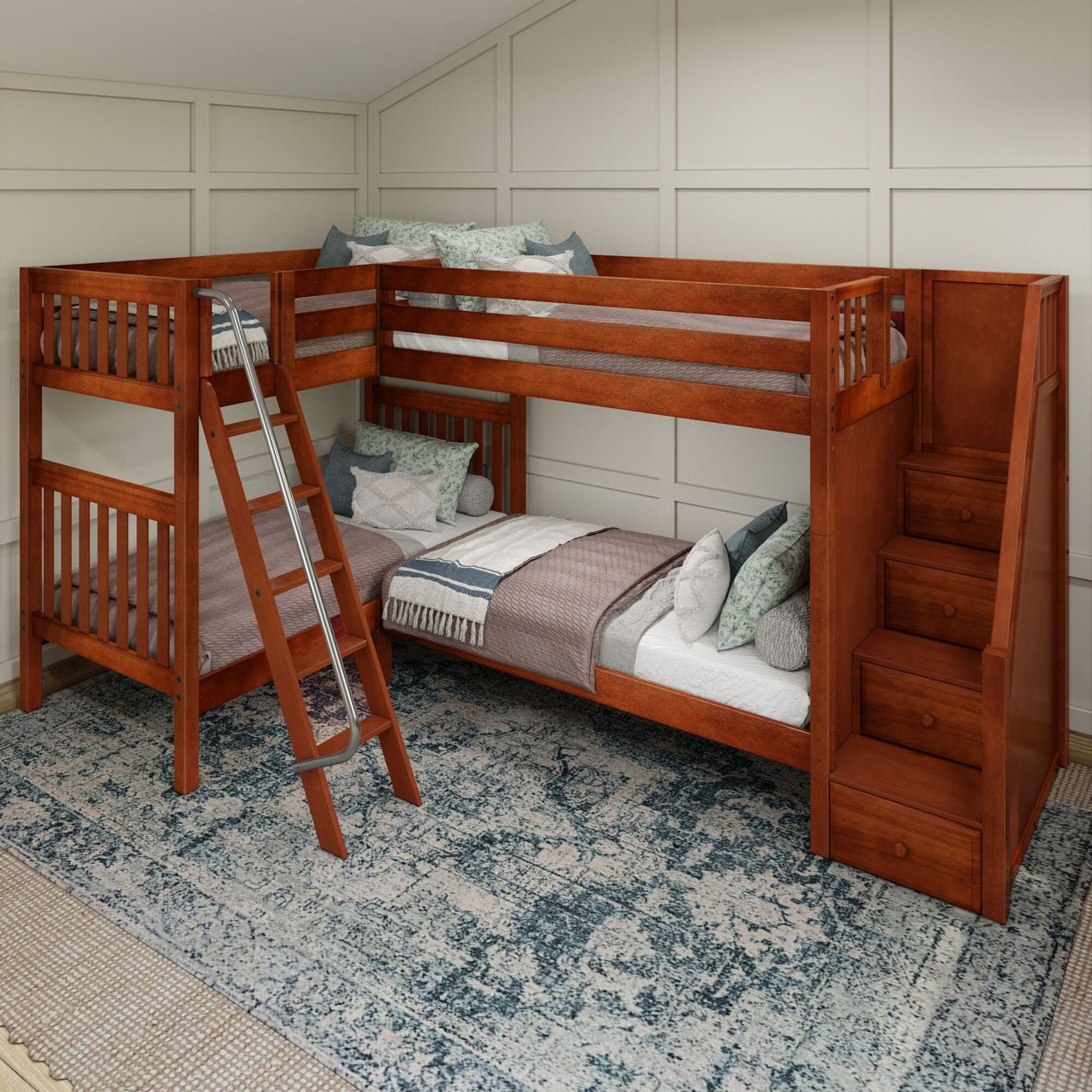 Wooden L-shaped bunk bed with integrated storage and ladder in a cozy bedroom setting.