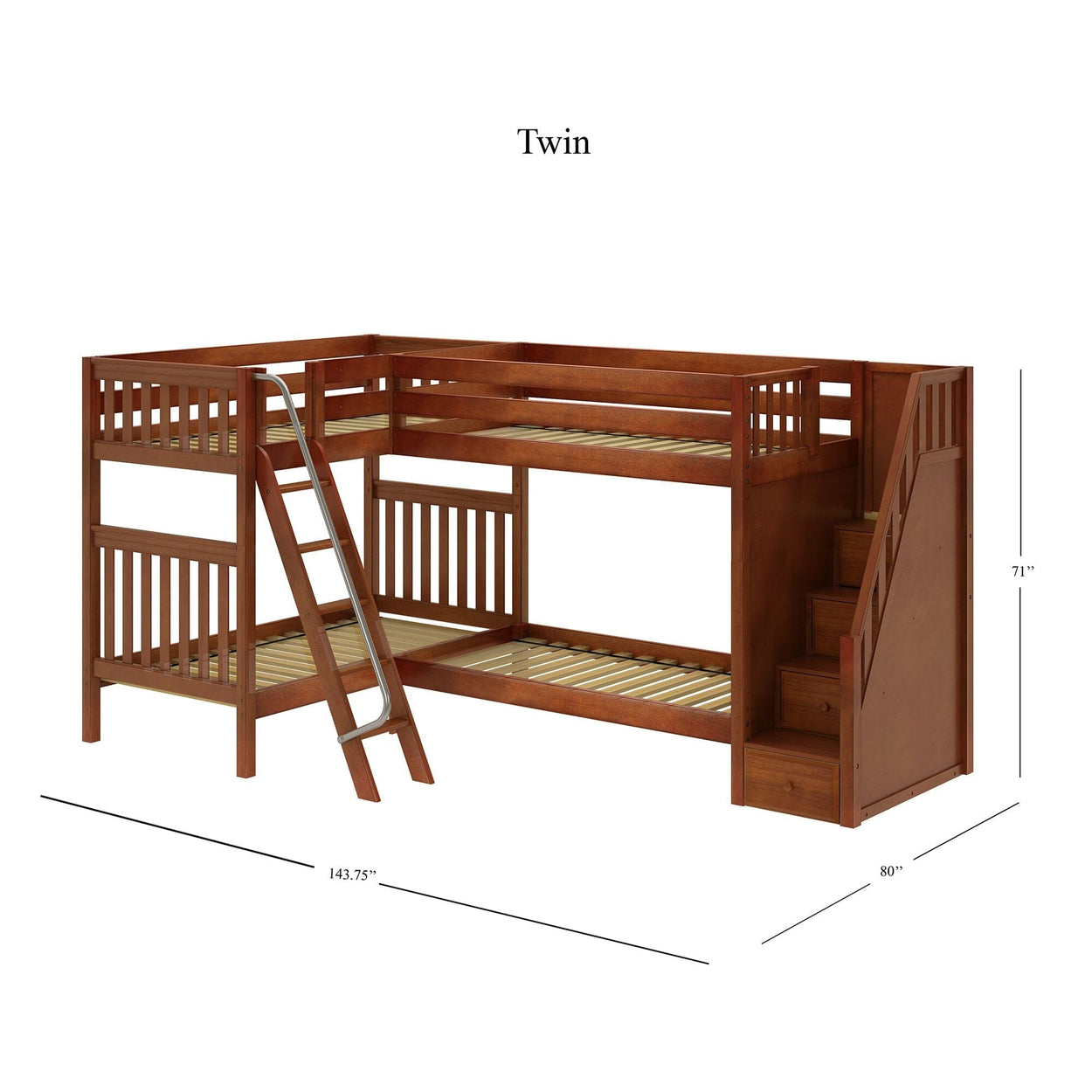 Wooden twin bunk bed with built-in ladder and stairs, dimensions 143.75 x 80 x 71 inches.