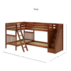 Wooden twin bunk bed with built-in ladder and stairs, dimensions 143.75 x 80 x 71 inches.