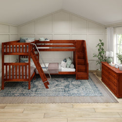 Rustic wooden loft bunk bed with slide and storage stairs in cozy, modern kid's bedroom with light walls and elegant decor.