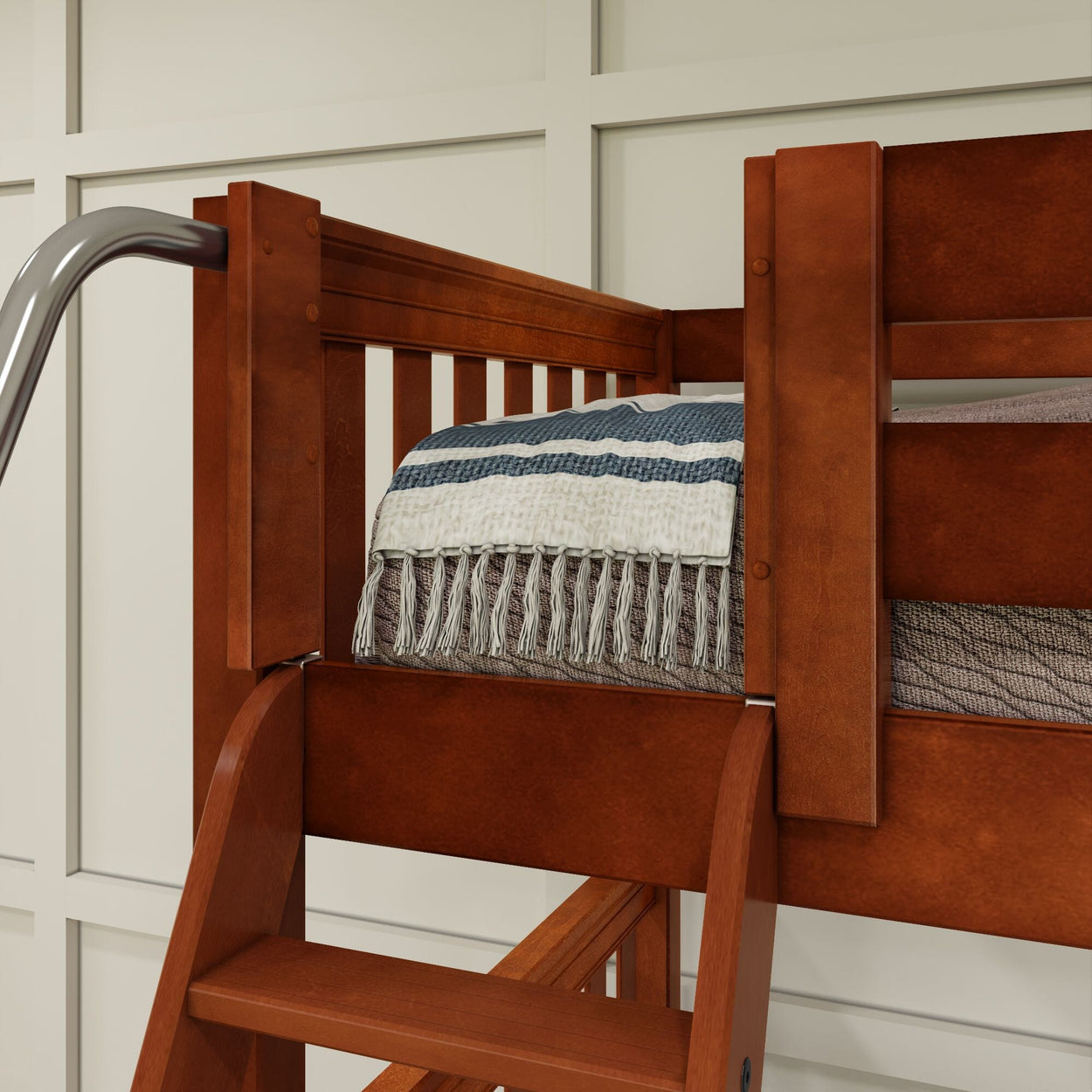 Wooden bunk bed with ladder and striped blanket in a modern bedroom setting.
