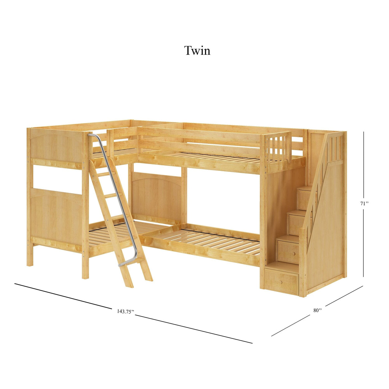 Twin wooden L-shaped bunk bed with staircase and ladder.