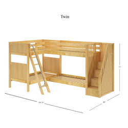 Twin wooden L-shaped bunk bed with staircase and ladder.