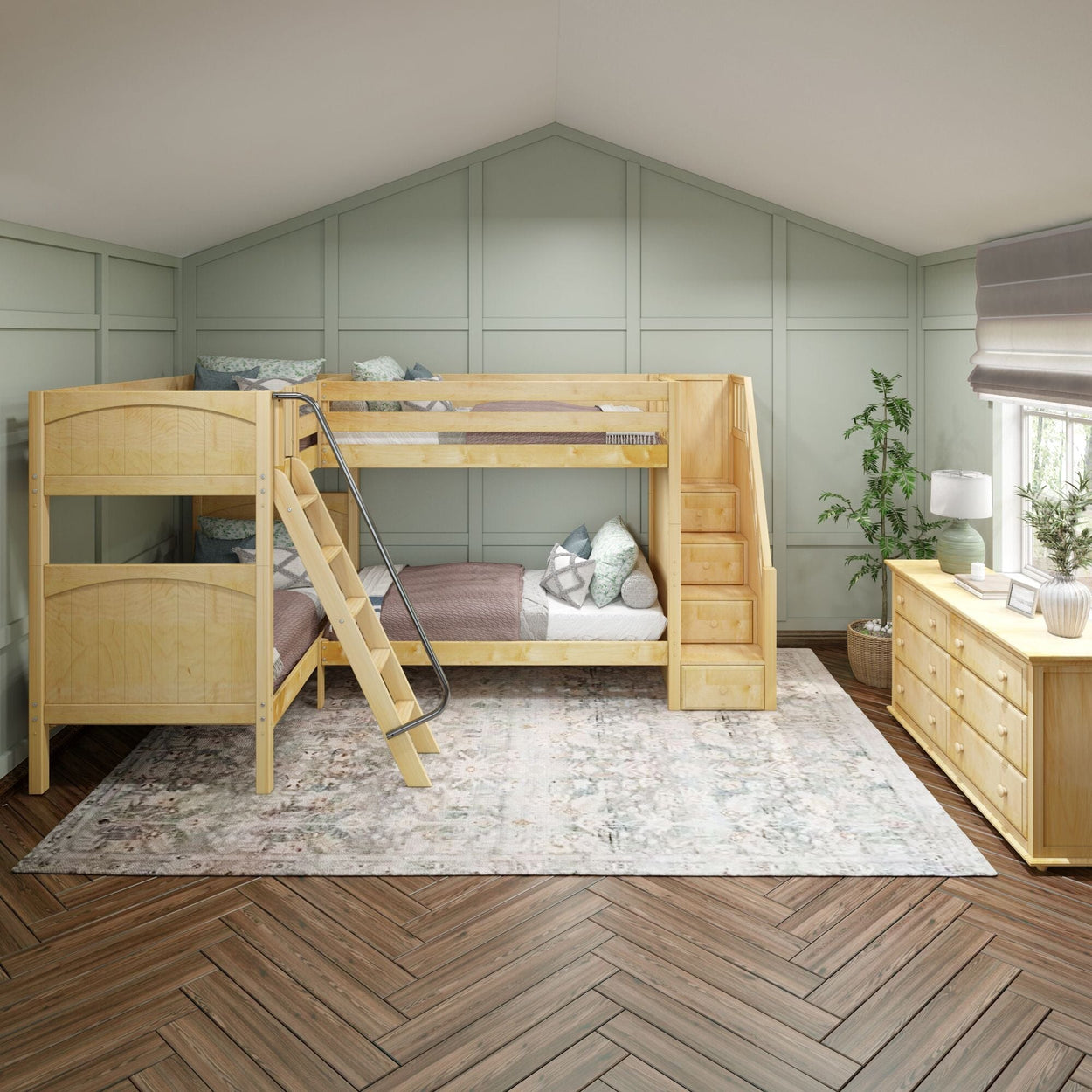 Modern kids' bedroom with wooden bunk bed, green accent walls, and stylish decor elements.