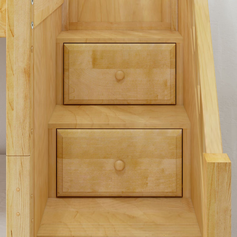 Close-up of light natural wood storage drawers with round wooden knobs in a built-in shelving unit, smooth natural grain finish