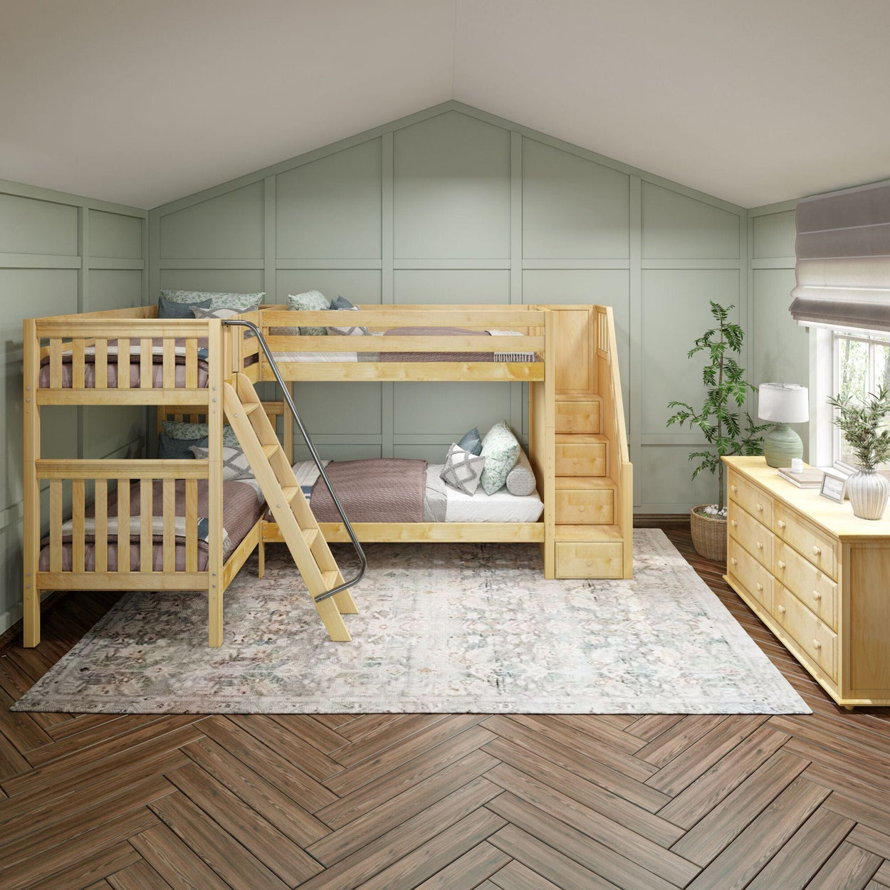 Wooden L-shaped bunk bed with built-in stairs in cozy bedroom setting featuring natural wood furniture and soft green paneling.