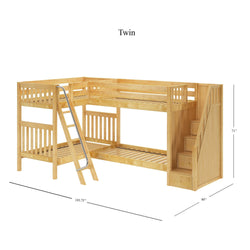 Twin wooden bunk bed with staircase and ladder, dimensions 143.75 x 80 x 71 inches, ideal for children's room.