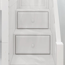 White staircase with integrated storage drawers for space-saving home design.