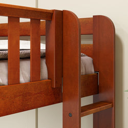 Wooden loft bed frame with ladder and mattress in a modern bedroom setting.