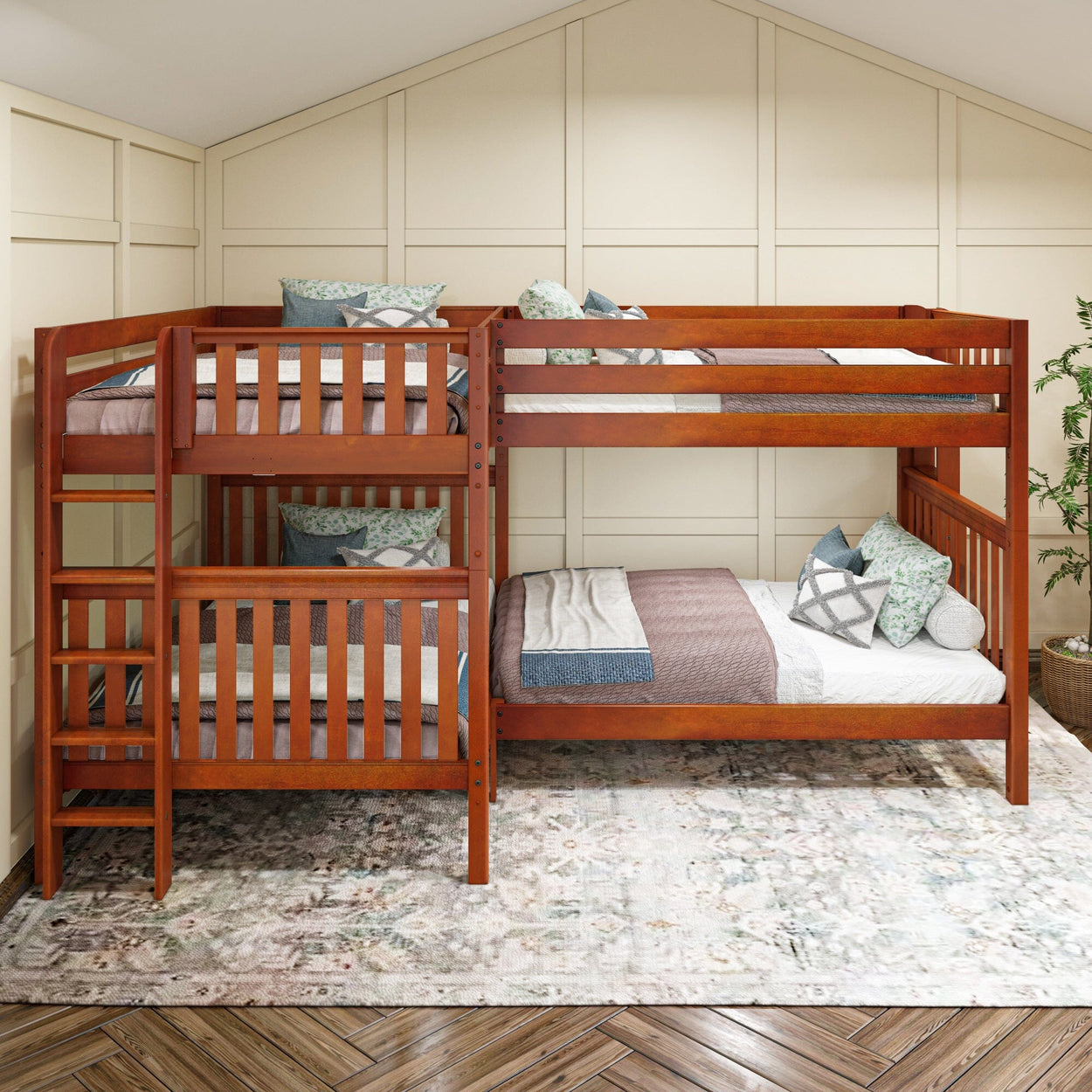 Triple bunk bed with wooden frame and cozy pillows in modern bedroom setting.