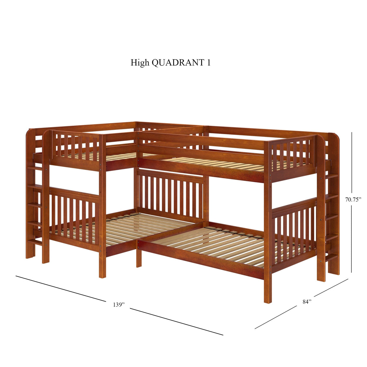 L-shaped wooden bunk bed with ladder, dimensions 139"x84"x70.75", ideal for saving space in kids' rooms.