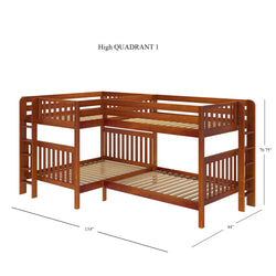 L-shaped wooden bunk bed with ladder, dimensions 139"x84"x70.75", ideal for saving space in kids' rooms.