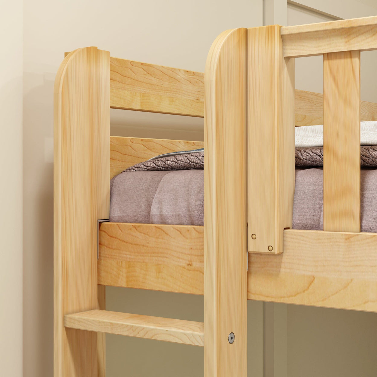 Wooden bunk bed frame with ladder in a cozy bedroom setting.