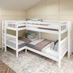 White L-shaped bunk bed with cozy bedding and pillows in a stylish bedroom with wooden accent walls and floral rug.