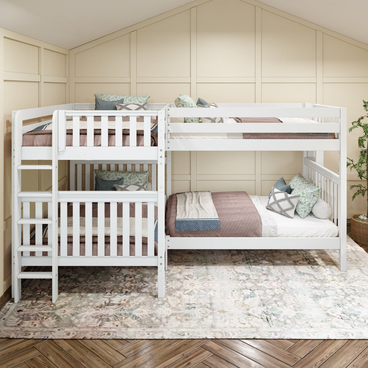 White quadruple bunk bed with pillows in a cozy bedroom setting.