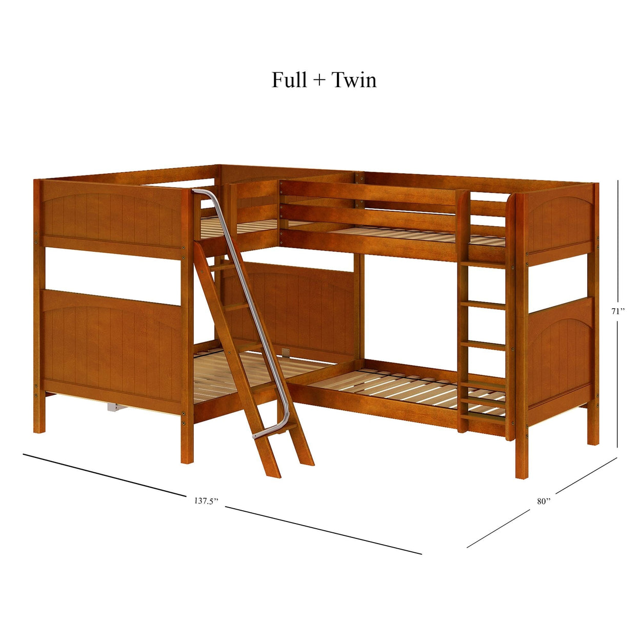 Full and twin size L-shaped wooden bunk bed with ladder and safety rails, dimensions 137.5x80x71 inches.