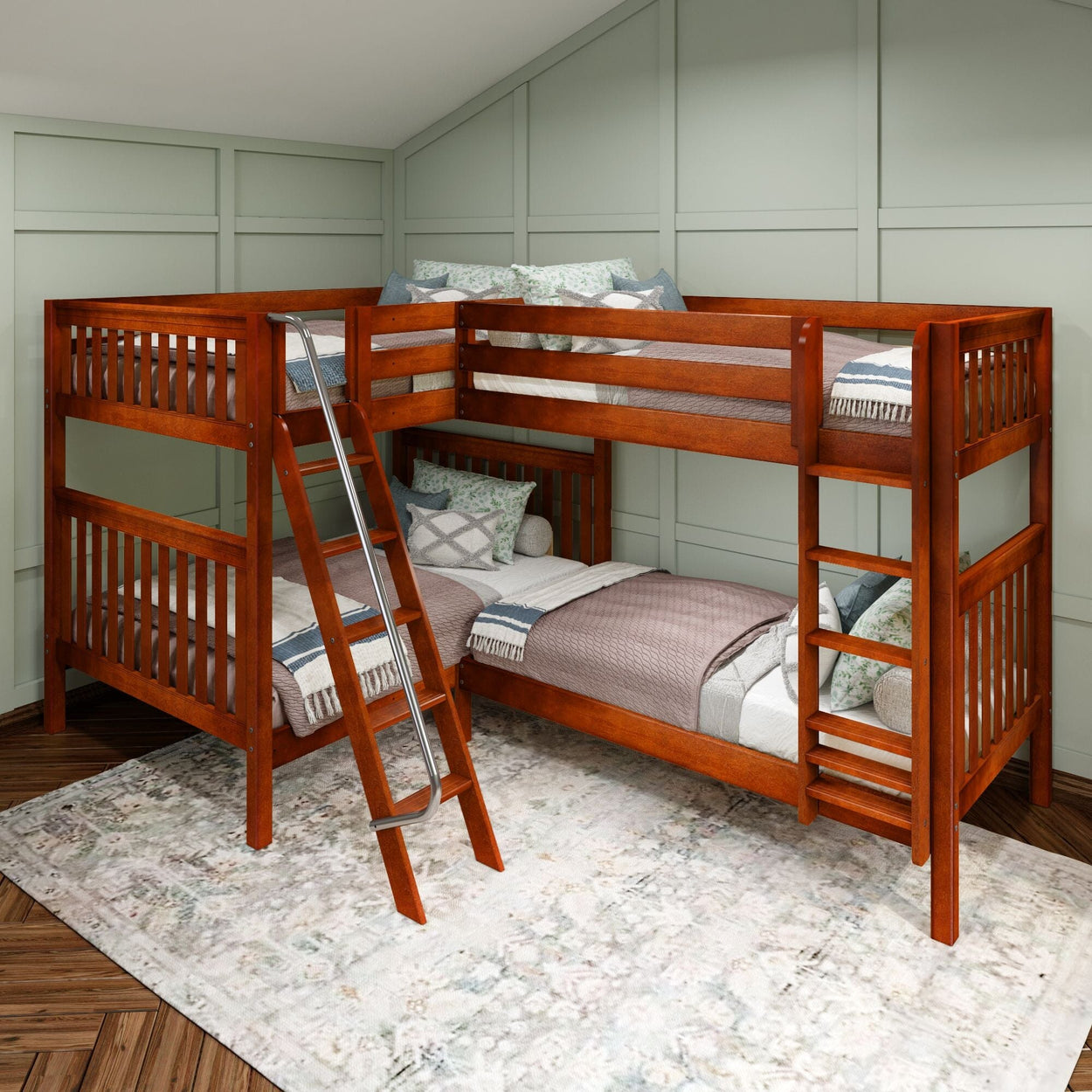 Wooden L-shaped bunk bed with ladder in modern bedroom setting.