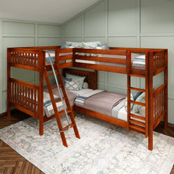 Wooden L-shaped bunk bed with ladder in modern bedroom setting.