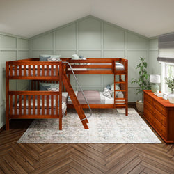Wooden bunk bed in a cozy bedroom with green walls and natural light.