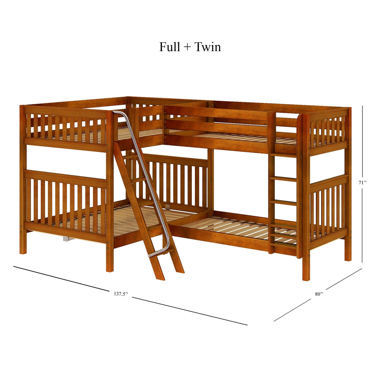 L-shaped wooden bunk bed with full and twin sizes featuring ladder and railing for kids' room decor.