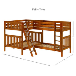 L-shaped wooden bunk bed with full and twin sizes featuring ladder and railing for kids' room decor.