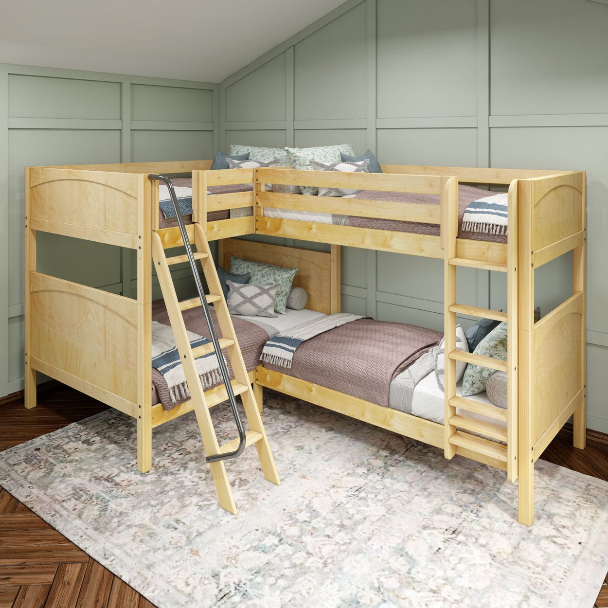 Natural wood bunk bed with ladder in modern cozy bedroom setting.