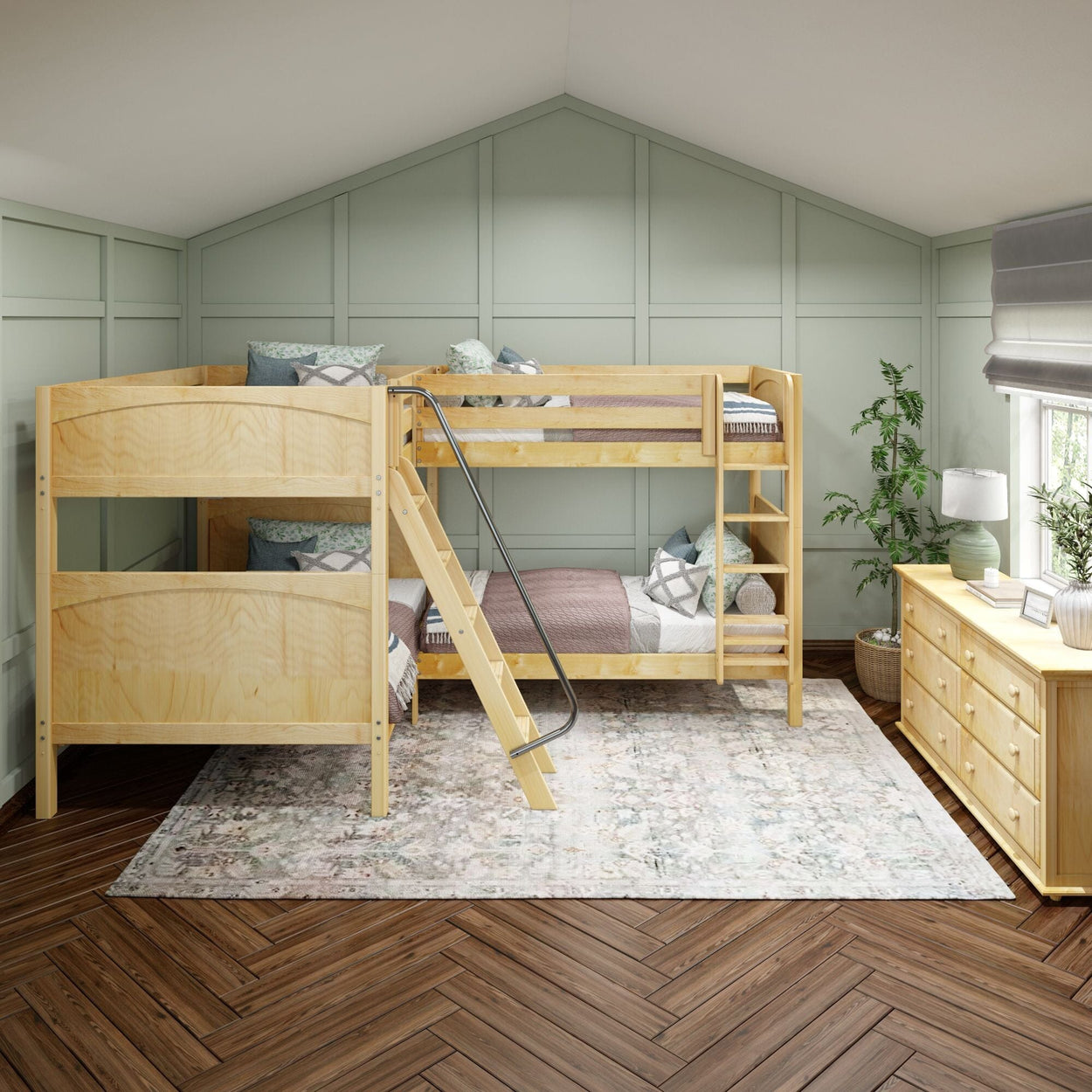 Stylish wooden bunk bed in a cozy attic room with pastel green walls and natural light.