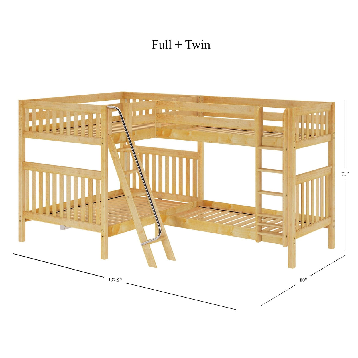 L-shaped wooden bunk bed with full and twin size frame, metal slide, and dimensions.