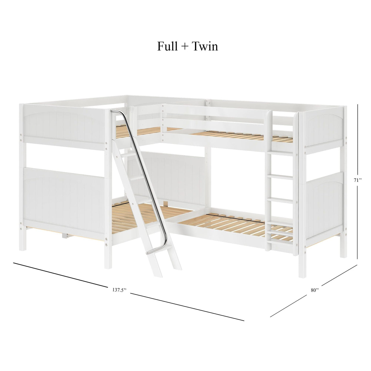 White wooden L-shaped full and twin bunk bed with a slide and ladder, dimensions 137.5" x 80" x 71".