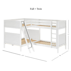 White wooden L-shaped full and twin bunk bed with a slide and ladder, dimensions 137.5" x 80" x 71".