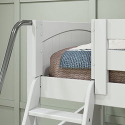 White wooden bunk bed with safety rail and colorful bedding set, metal ladder for easy access in modern bedroom design.