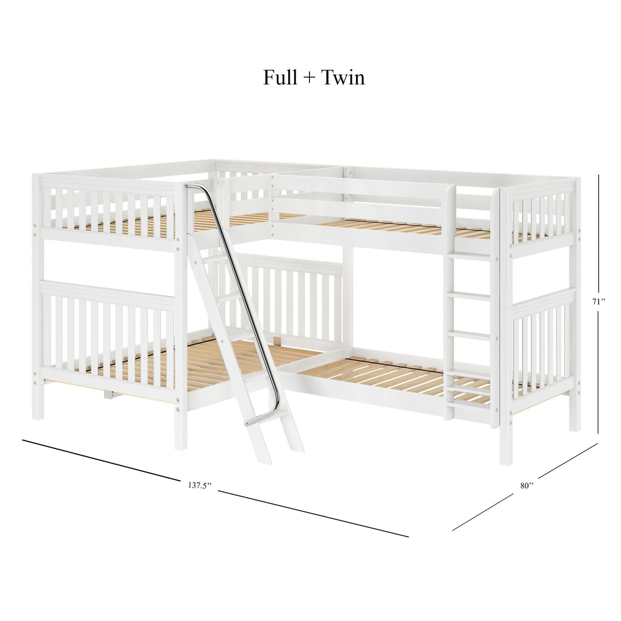 White full and twin size L-shaped bunk bed with safety ladder and wooden slat design, featuring dimensions 137.5 inches by 80 inches by 71 inches, ideal for children's bedroom furniture.