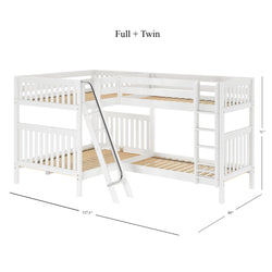White full and twin size L-shaped bunk bed with safety ladder and wooden slat design, featuring dimensions 137.5 inches by 80 inches by 71 inches, ideal for children's bedroom furniture.