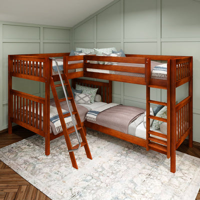 Wooden L-shaped bunk bed with built-in ladder in a modern bedroom setting.