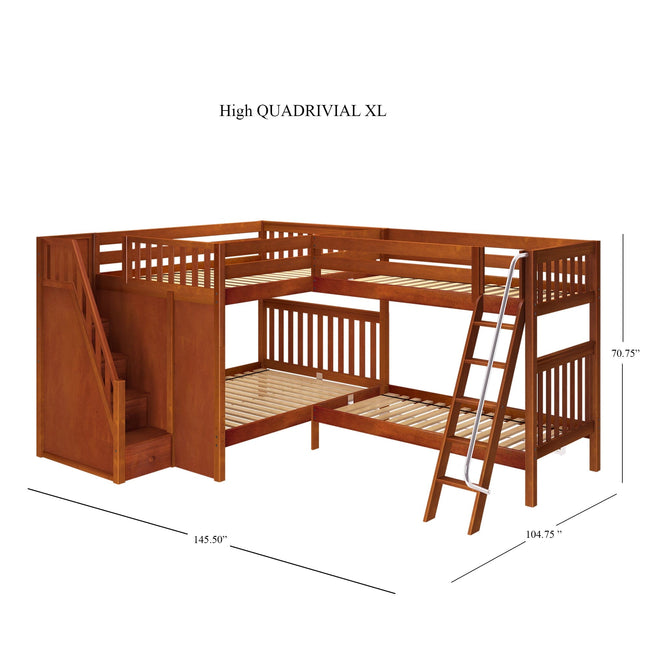 QUADRIVIAL XL CS : Multiple Bunk Beds Queen High Corner Bunk Bed with Ladder + Stairs - L, Chestnut