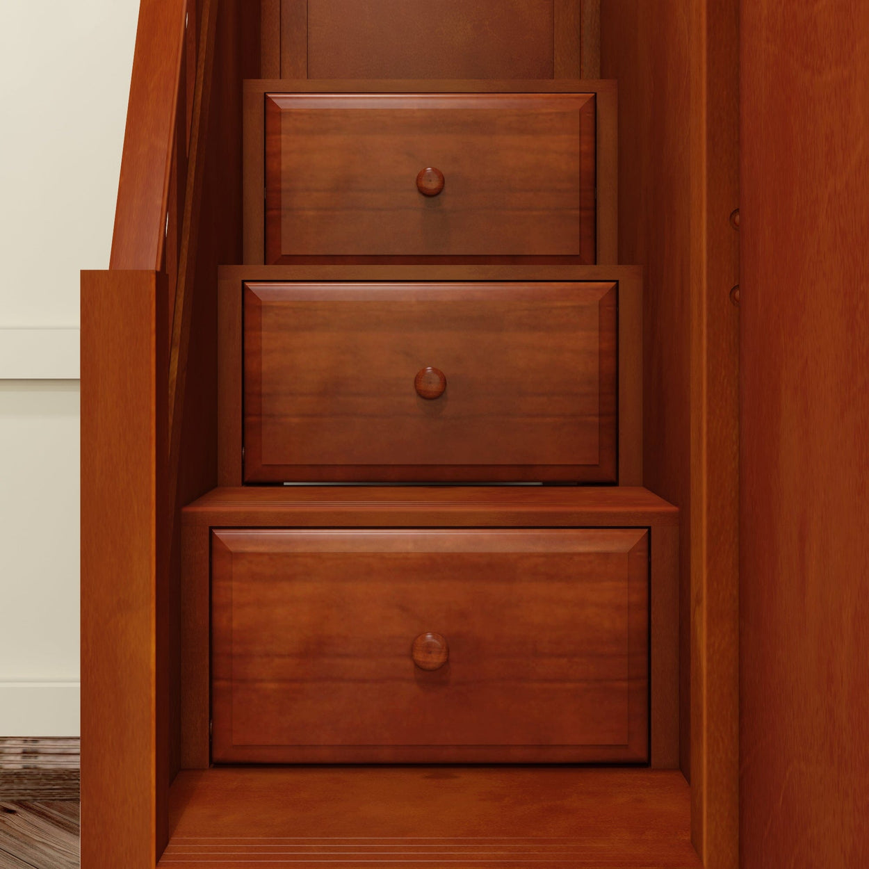 Wooden staircase steps with integrated storage drawers, space-saving home design ideas.